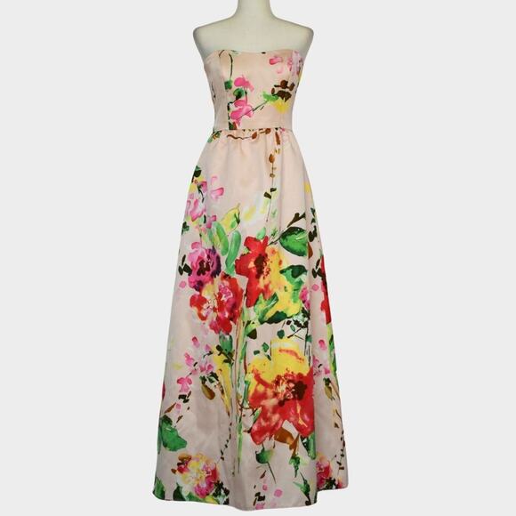 ALFRED SUNG Women's Watercolor Floral Print Strapless Maxi Dress Size 4 - Picture 1 of 8
